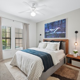 Bedroom with natural lighting and high ceilings