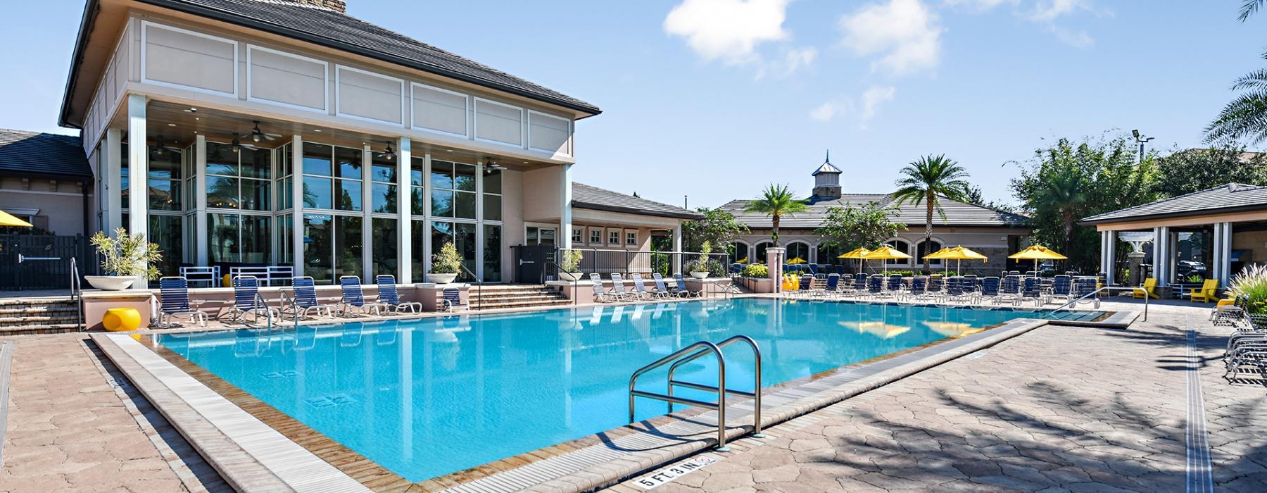 a swimming pool outside a building