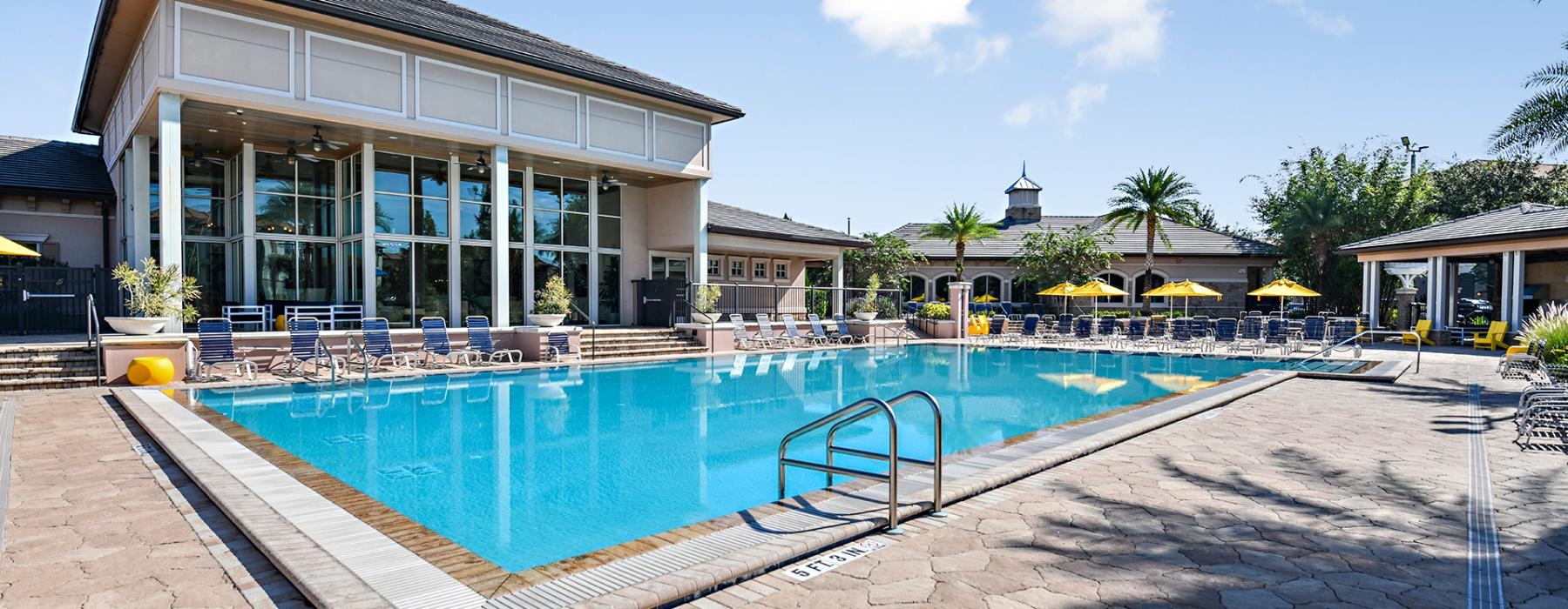 a swimming pool outside a building